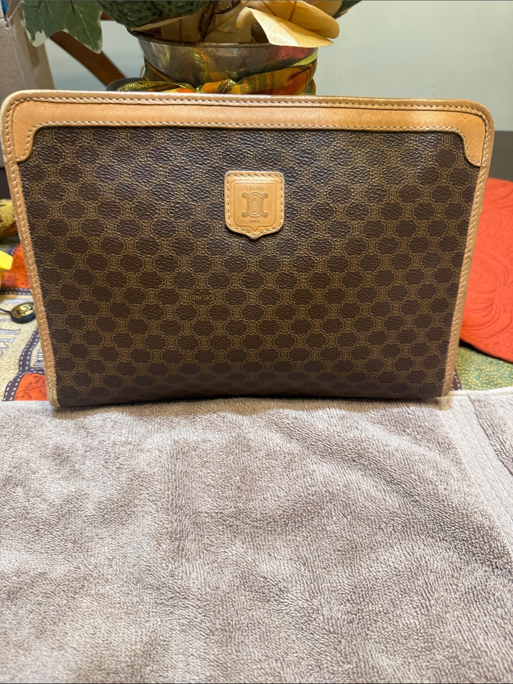 Vintage CELINE Macadam Pouch Clutch Bag Canvas Leather Brown Authentic